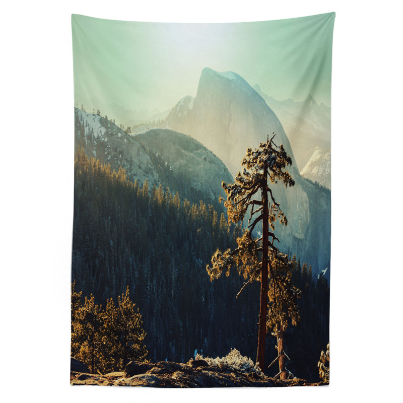 Ambesonne Yosemite Tablecloth, Yosemite National Park From The Top Of Mountain Misty Morning Landscapes Photo, Rectangular Table Cover For Dining Room Kitchen Decor, 52" X 70", Teal Brown