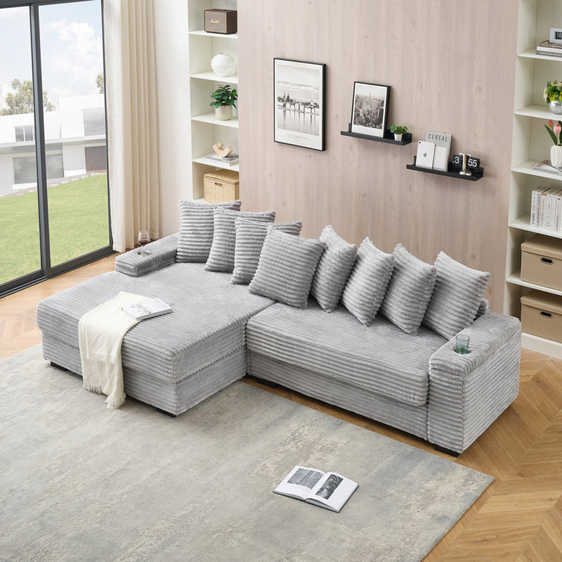 Chaise longue réversible de 111 po avec porte-gobelets, Velours côtelé gris