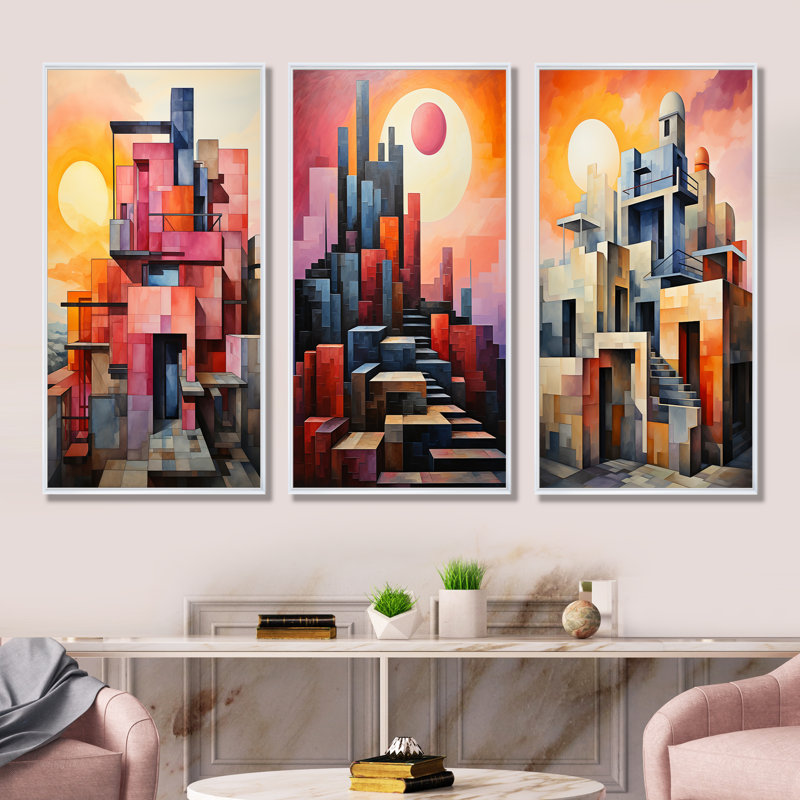 Ensemble de 3 décorations murales Monuments Unveile Sunsets, Cadre flottant blanc, H 32 po x l 48 po