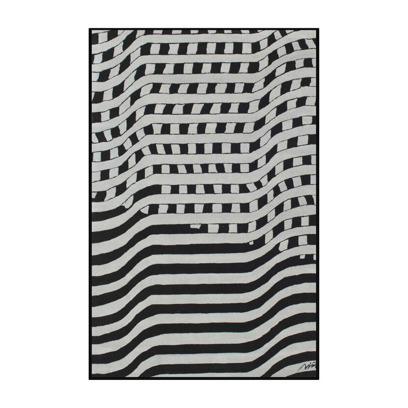 Tapis noir/blanc contemporain, Rectangle 5 pi x 7 pi