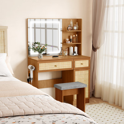 Avonelle Boho Natural Rattan Vanity with LED Mirror and Stool