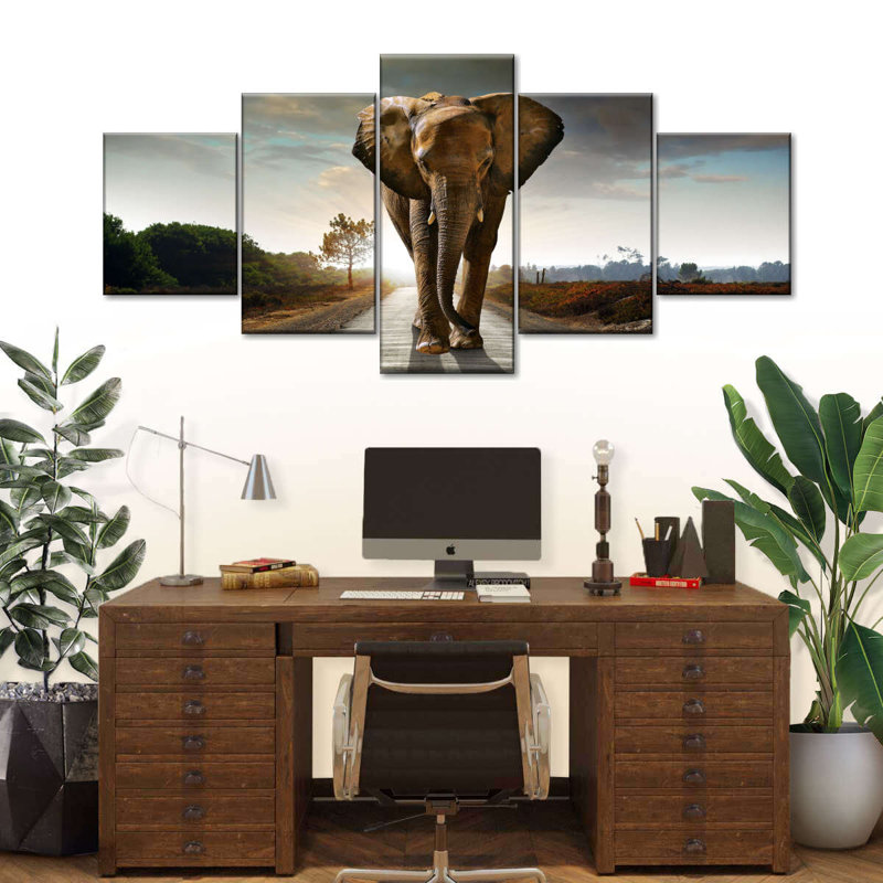 Éléphant d'Afrique marchant seul sur toile, 5 pièces, H 36 po x l 80 po x P 1,25 po