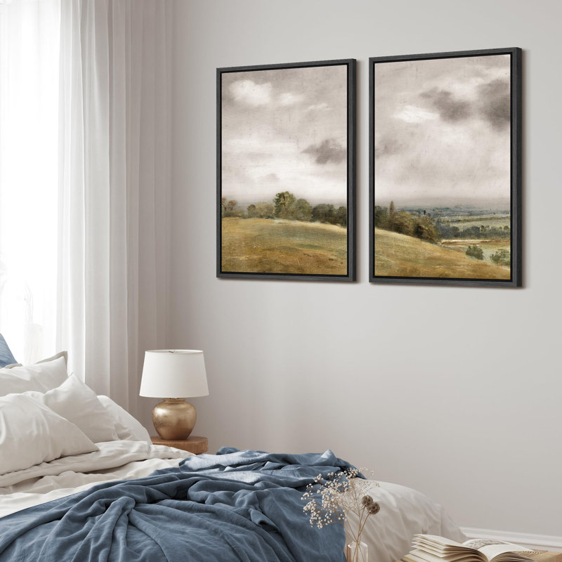 «Gentle Hills and Distant Storm Tranquil Pastoral Nature Wilderness Illustration Decor Scenic», 2 pièces, Cadre noir