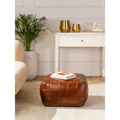 Geometric Handmade Goat Leather Square Pouf 21"x21"x12" (Recycled Cotton Fill) Brown Colour PF23