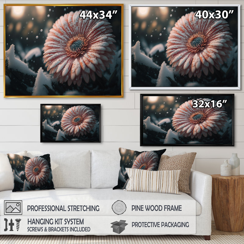 Une fleur de gerbera rose en hiver III - Impression sur toile, H 24 po x l 32 po x P 1 po, Toile avec cadre flottant noir