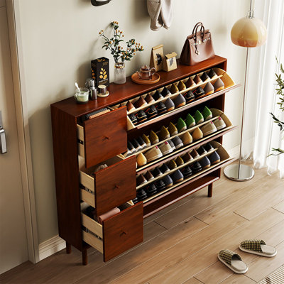 39.37"Brown Chinese Classic Style  Thin Flip-Top Solid Wood Shoe Cabinet