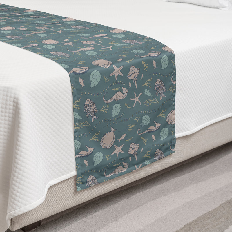 Twin Gray Polyester Satin Marine Print Bed Runner Set