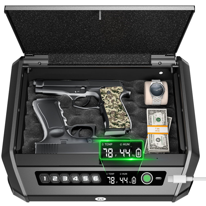 BEACHWATER POOL & SPA, LLC Gun Safe With LCD Display, ≤0.1S Quick Access Handgun Safe For 2-4 Pistols, Hand Gun Lock Box With Fingerprint | Keypad | And Keys For Home Drawer Bedside Nightstand