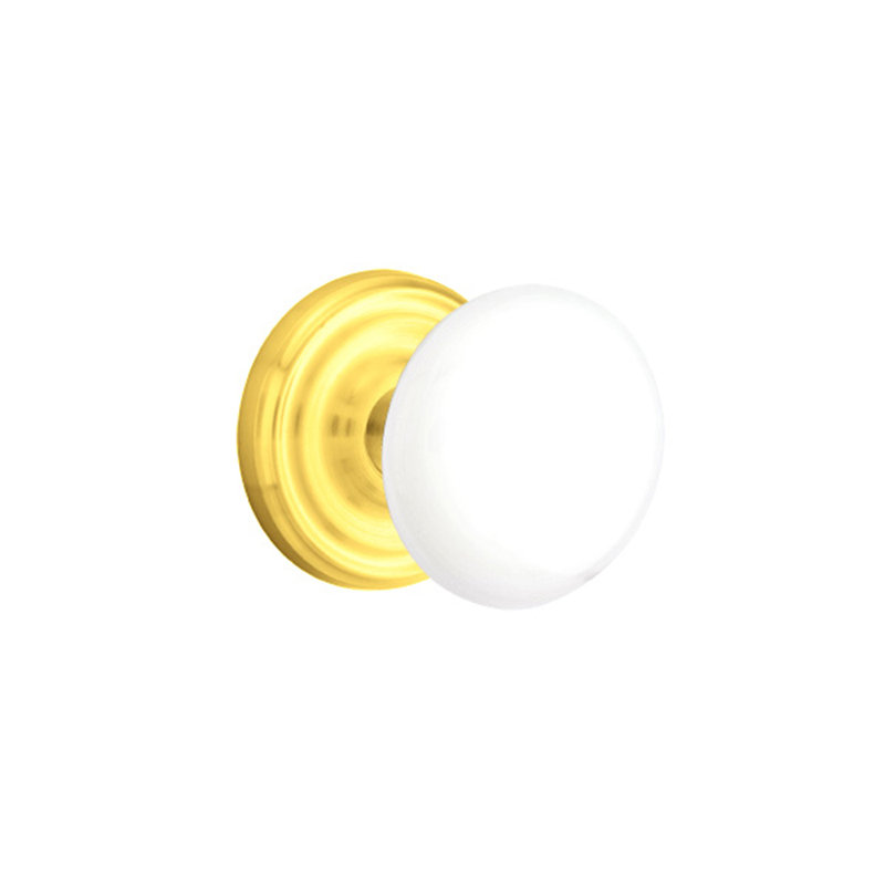 Privacy Ice White Knob with Regular Rose, Unlacquered Brass