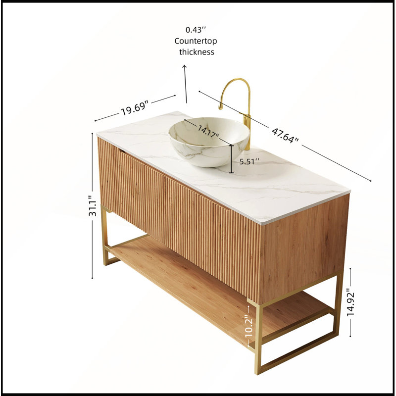 Meuble-lavabo 48 po avec lavabo en céramique blanche, motif pierre, comptoir blanc de Carrare, finition grain de bois