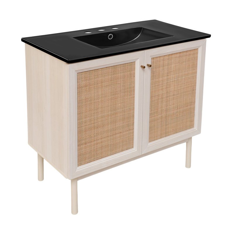 Meuble-lavabo autoportant de 36 po en chêne blanc Classe avec comptoir noir à 3 trous Class, Chêne blanc, Black