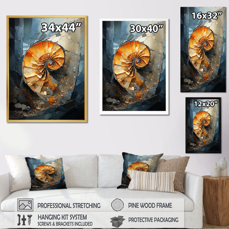 Golden Sea Sheel Spiral sur toile, H 32 po x l 24 po x P 1 po, Cadre flottant noir