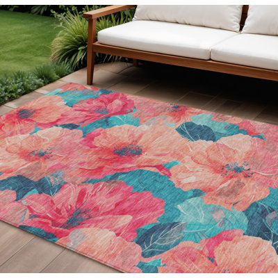 8' X 10' Salmon And Teal Blue Floral Washable Indoor Outdoor Area Rug