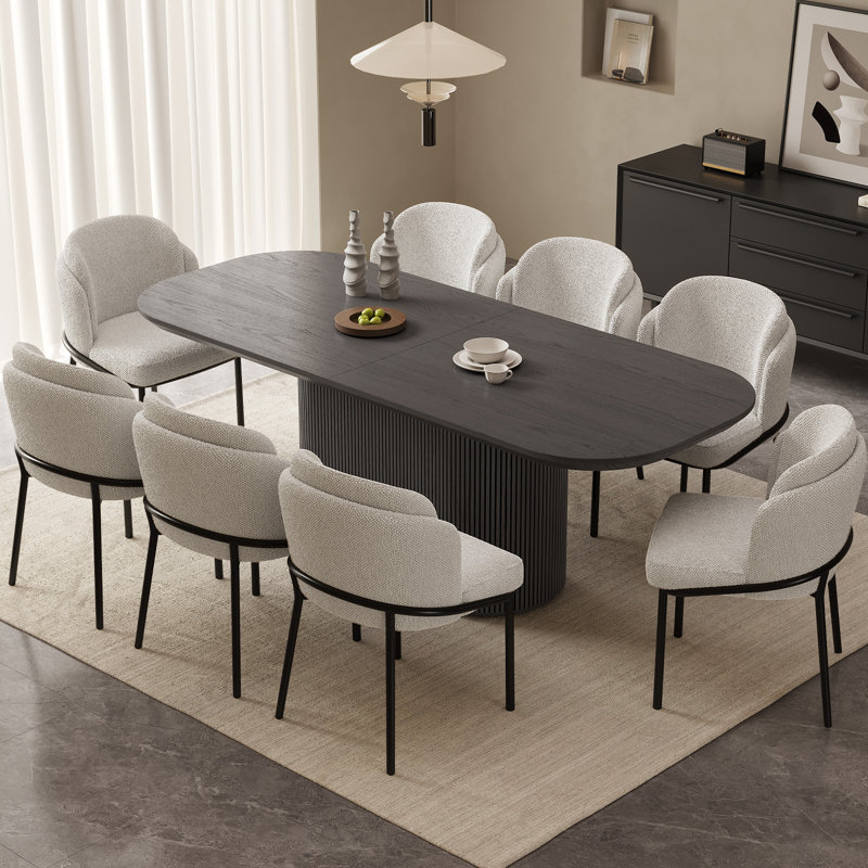 86.61" Modern Oval Black Dining Table Set with 8 Chairs for Kitchen, Bar, Living Room, Black, 9 Pieces: Table, 8 Chairs
