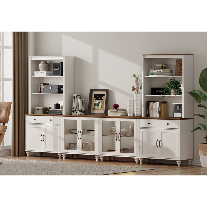 Scarlett Large TV Stand For 75 Inch TV, TV Console Table With Glass Doors, Farmhouse Entertainment Center For Living Room, 72"H Bookshelf With 3 Tier For Study Room, White