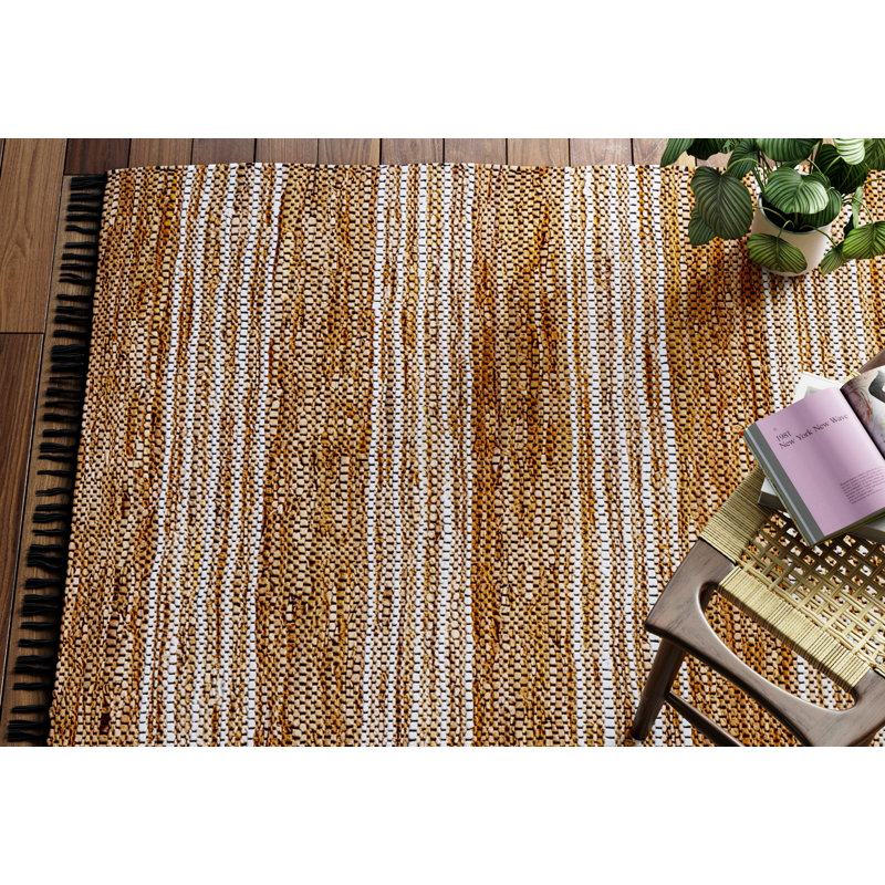 Brown and Natural Flatweave Striped Cotton Leather Rug