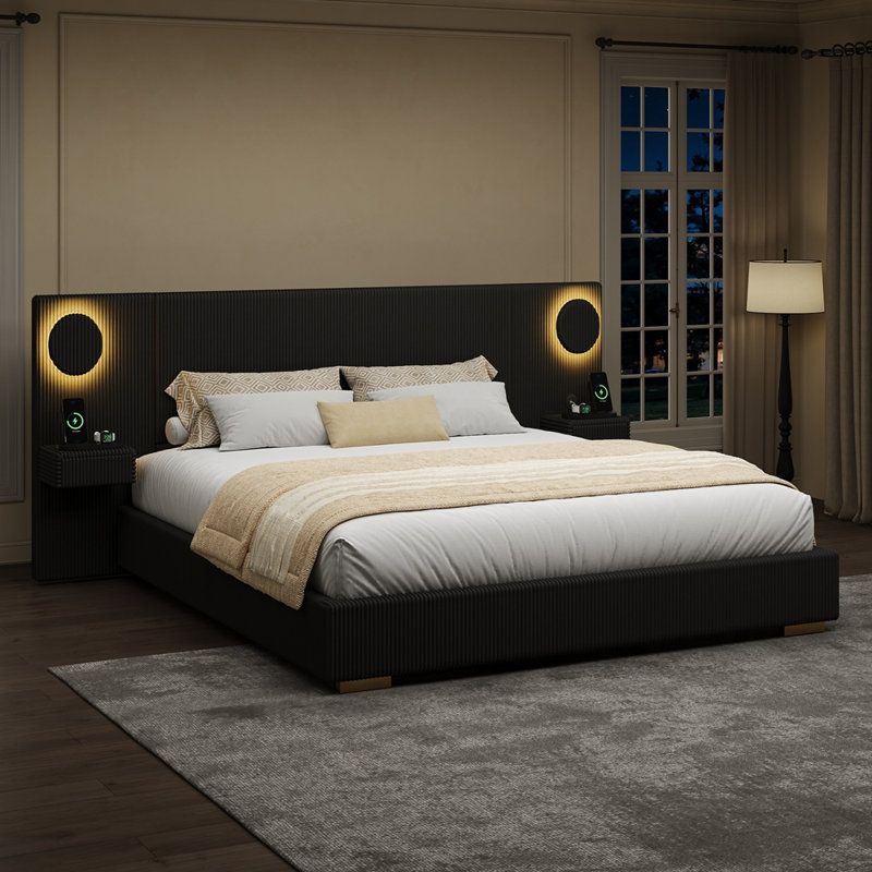 Très grand lit plateforme tapissier avec lumières DEL circulaires, Très grand lit, Black