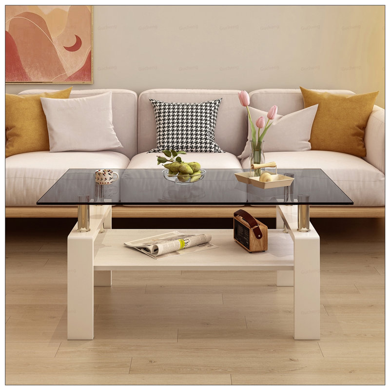 Table basse moderne moderne avec plateau en verre trempé et rangement en panneau de fibres à densité moyenne, transparente et durable pour les salons