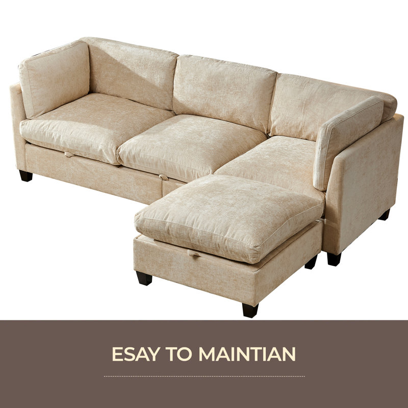96.5" Sectional Couch For Living Room, Upholstered Soft Chenille Fabric Sofa, 3-Seater With One Ottoman L Shape Sofa