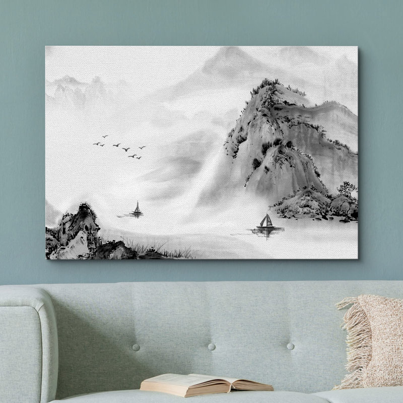 Paysage abstrait, noir et blanc, encre de Chine, paysage de montagne, rivière et bateau, paysage moderne, rustique, neutre