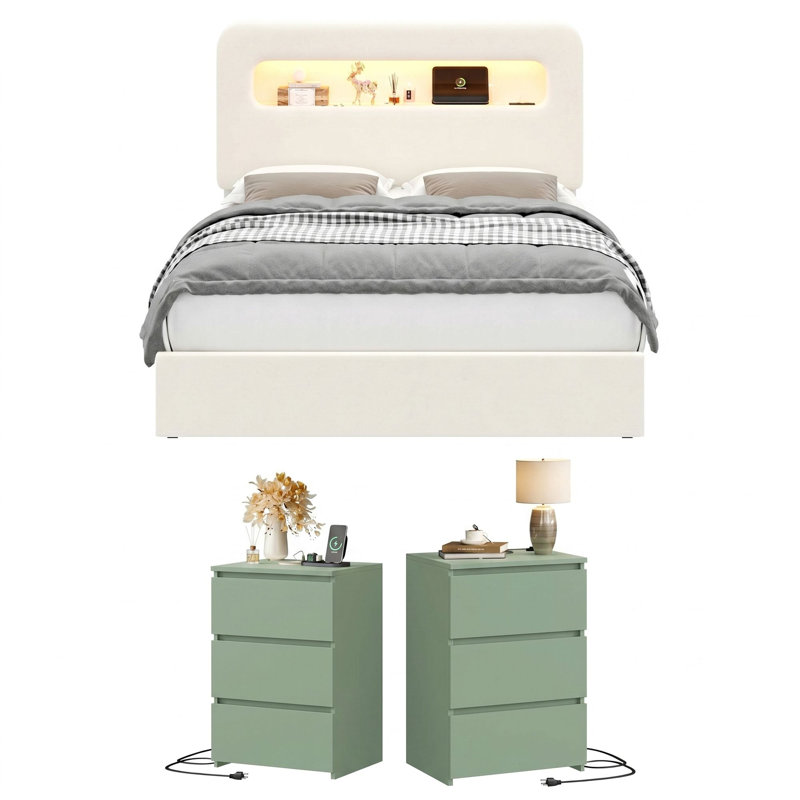 Upholstered 3-Piece Storage Bedroom Set, Cream White/ Green, Full