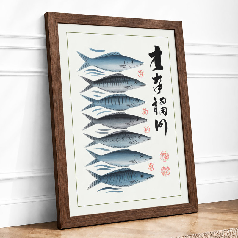 Six Fish in Repose Japandi - Framed Print, Walnut, A3 - 42.0 x 29.7 cm