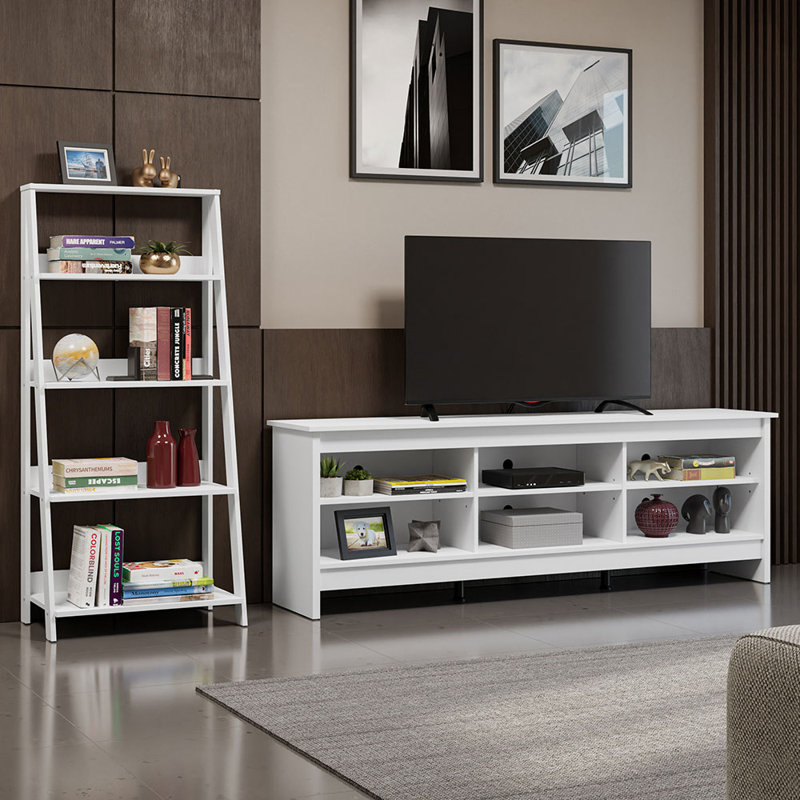 Sabeeha 6 Shelves TV Stand up to 75" + Ladder Shelf Standing Bookcase, White