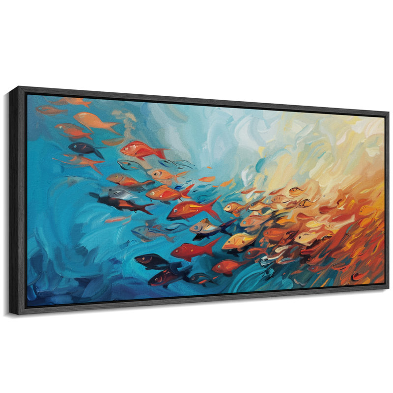 Fishes " School Of Fish In Blue And Orange Antique Retro ", 30" H x 60" W, Black