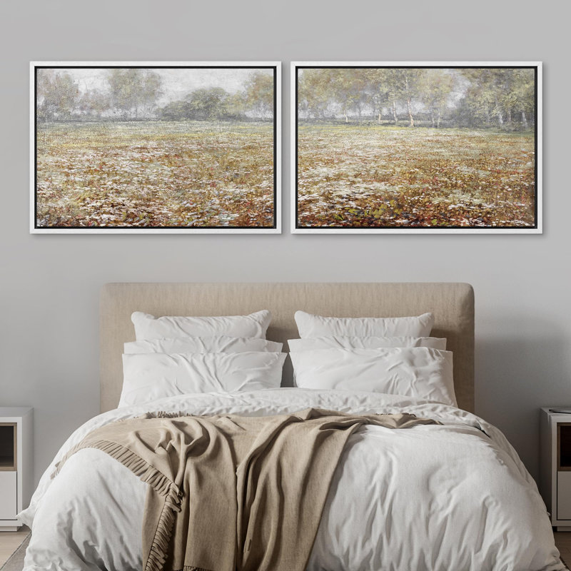 Paysage rustique, campagne, floraison, fleurs sauvages, brume d'automne, Cadre blanc, H 24 po x l 36 po
