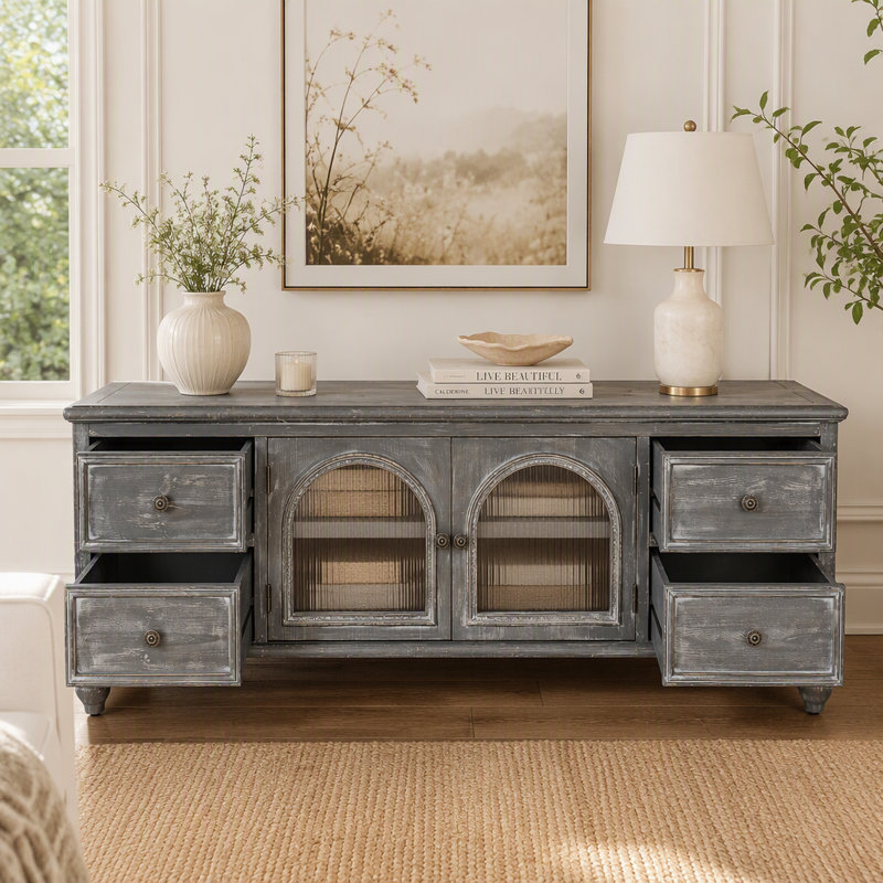 Meuble télé 60 po avec 4 tiroirs et 2 portes en verre, console multimédia en bois rustique, meuble télé patiné, Black/Grey