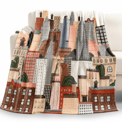 Cozy Cityscape Pattern Plush Throw Blanket, Artistic Urban Buildings Fleece Blanket for Sofa Couch Bedroom Living Room Home Decor