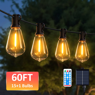 60ft Solar Powered Outdoor String Lights With Remote And 15+1 Shatterproof Led Bulbs, Waterproof, Warm White, Usb Rechargeable