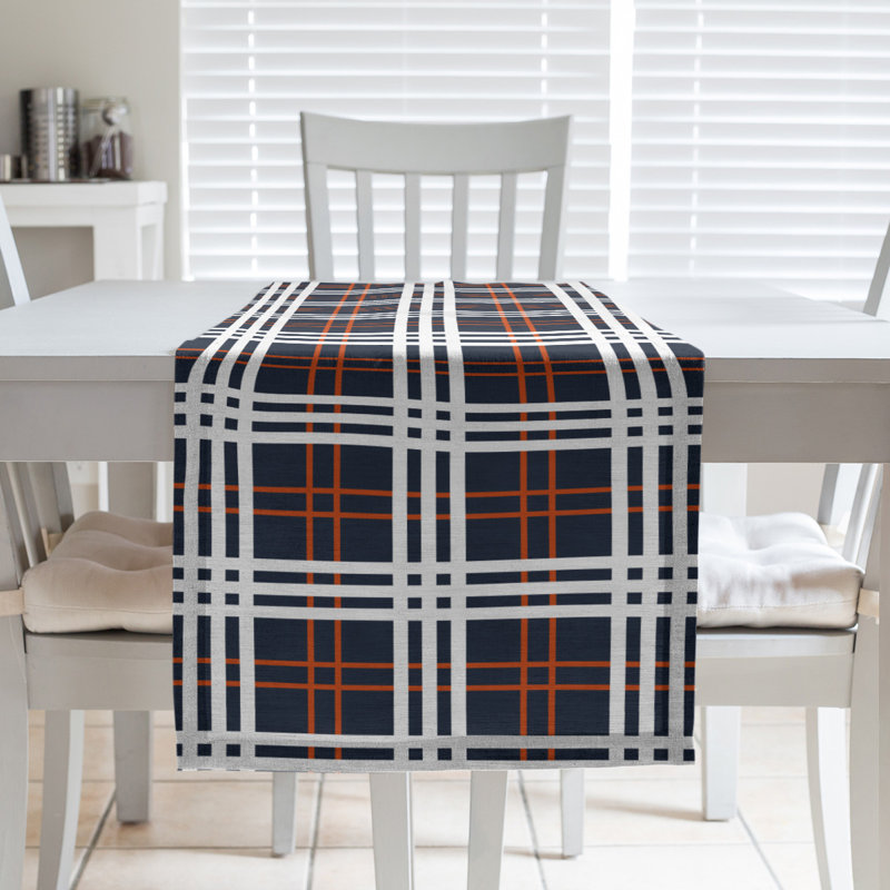Paid Polyester Table Runner, 90" L x 16" W, Dark Navy/Orange/White