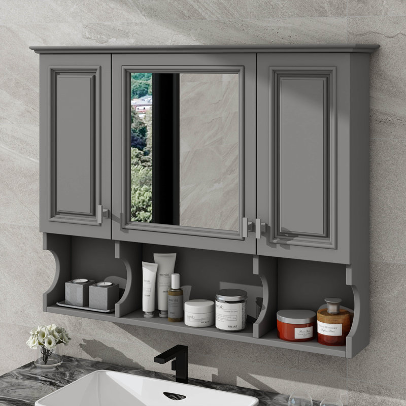 Armoire murale de salle de bain 35 po x 28 po avec trois portes en miroir et une étagère ouverte, unité de rangement pour médicaments