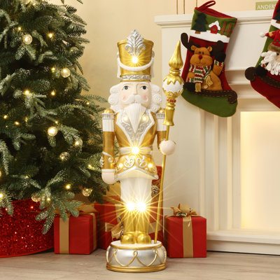 Soldat casse-noisette argenté et doré 3 pi avec sceptre, décoration de Noël