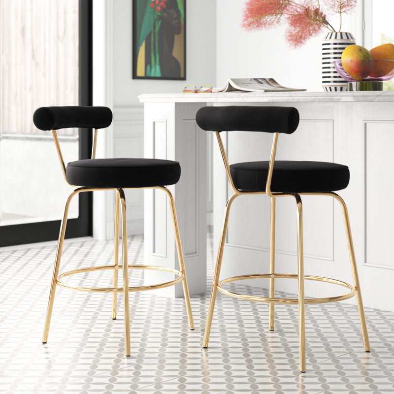 Kayson 25.5" Gold Swivel Upholstered Counter Stools, Black Velvet