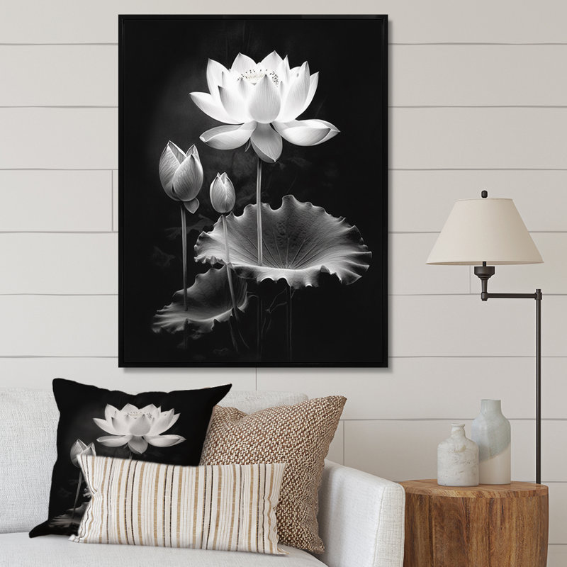Symphonie de lotus gris gris I, H 20 po x l 12 po x P 1 po, Cadre flottant noir