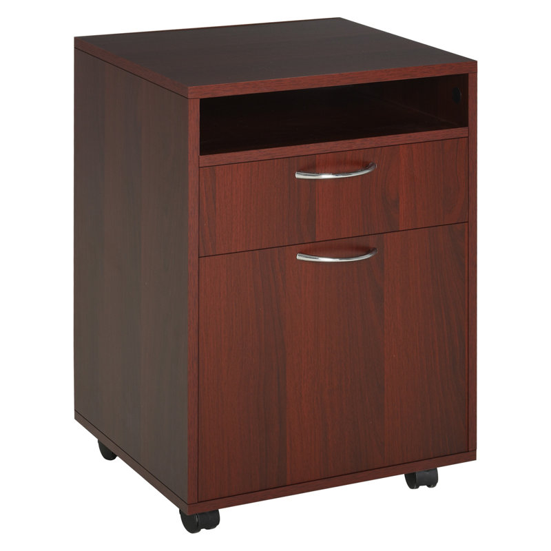 Meuble de rangement mobile avec tiroir et porte, support d'imprimante en panneaux de particules bruns sur roulettes