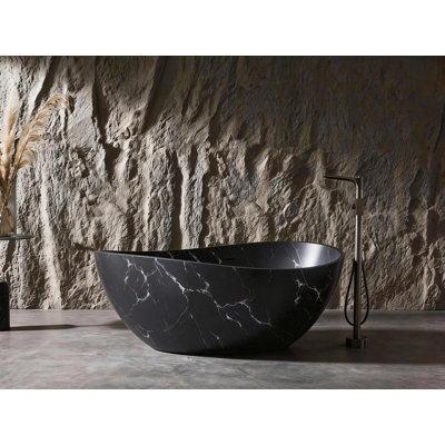 63" Modern Wave Freestanding Soaking Tub, Solid Surface Bathtub In Black Marble Finish