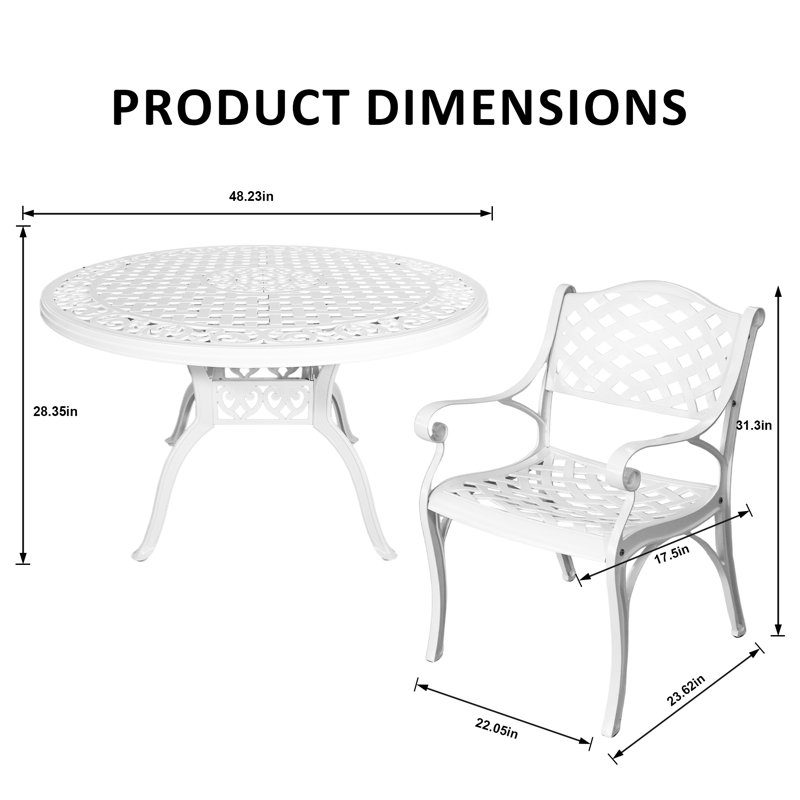 Ensemble de salle à manger 7 pièces pour 6 personnes, table de patio et chaises en aluminium bronze, table ronde de 48 po avec trou pour parasol