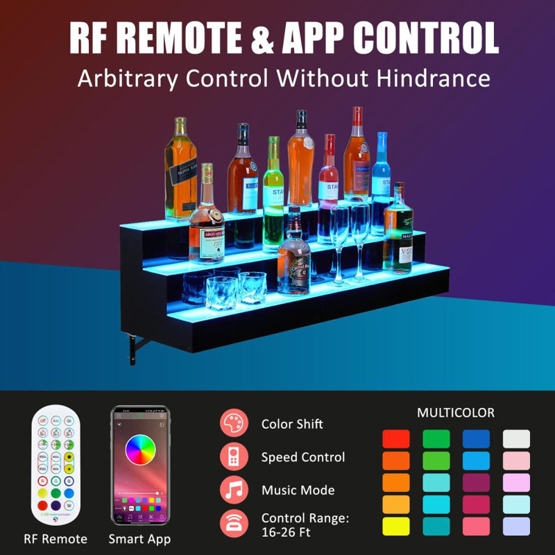 1-3 Tier Bottle Display Shelf Bar Shelves with Remote & App Control,16 Colours,4 Music Modes,Acrylic Lighted Bottle Display for Liquor Shelves