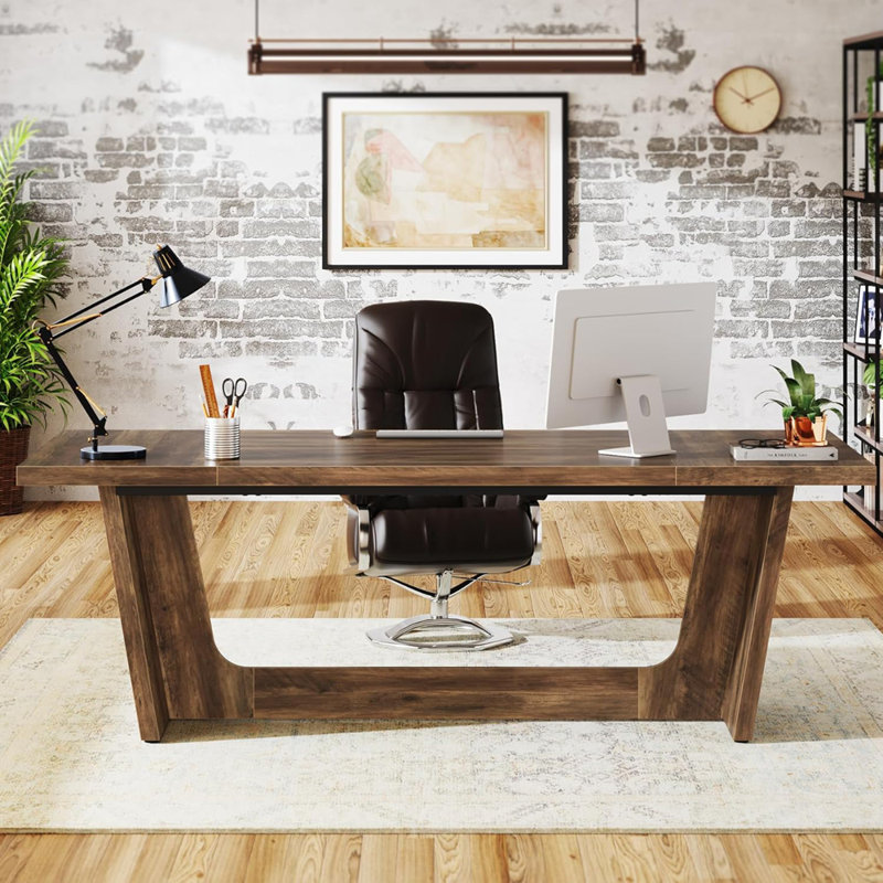 Bureau de direction pour bureau personnel - Table d'ordinateur industrielle en bois rustique avec piédestal en bois massif, grand poste de travail d'écriture pour les études ou les affaires