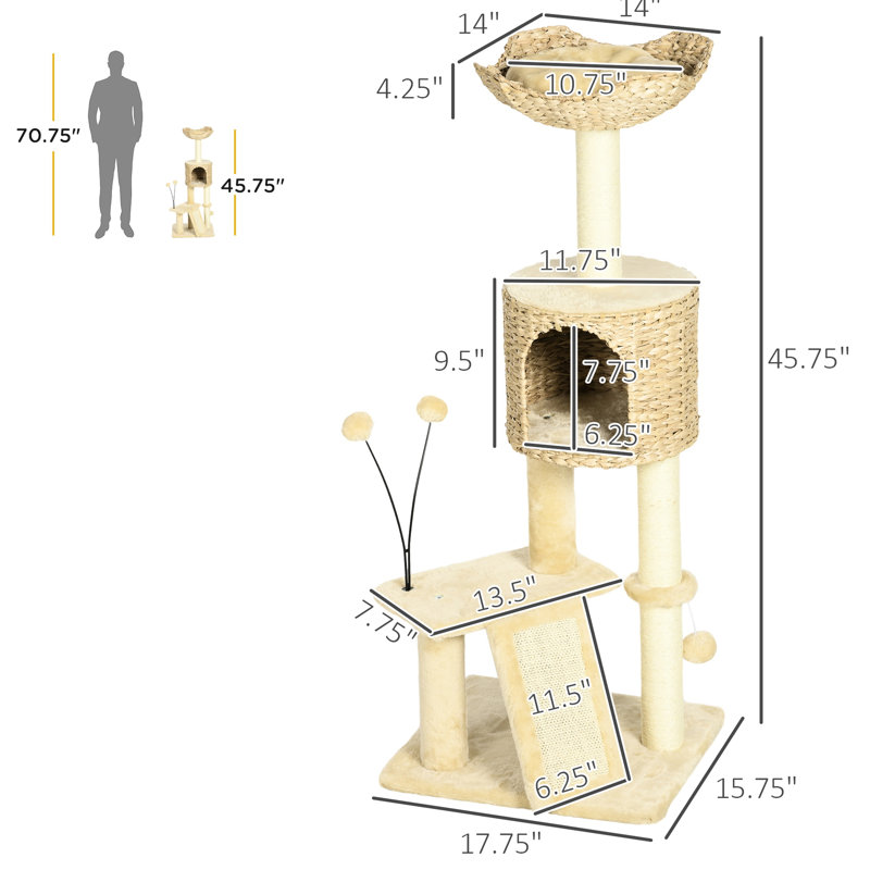 Chat pour chatons - 45 po avec poteaux à griffer, rampe, plateformes, lit dans une chambre d'arbre beige
