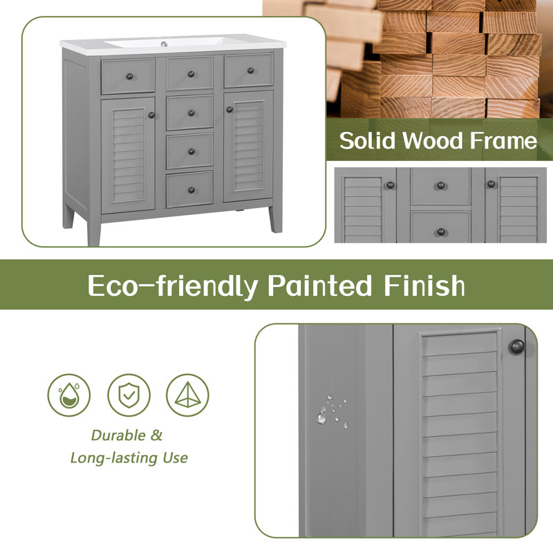 Meuble-lavabo 36 po sans lavabo Roomfitter, base d'armoire seulement, 2 armoires et 5 tiroirs, structure en bois massif, gris