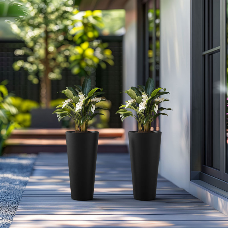 8 po Ensemble de 2 pots / pots ronds en béton moyen avec trous de drainage, Noir anthracite