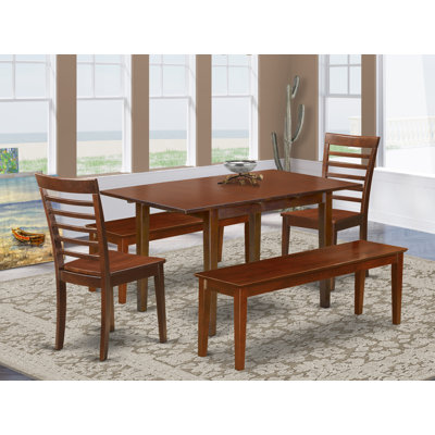 Ensemble de salle à manger 5 pièces pour 4 personnes comprenant une table de cuisine rectangulaire avec rallonge papillon et 2 chaises de salle à manger avec 2 bancs, 81 x 137 cm, acajou