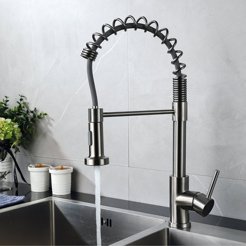 Robinet de cuisine à douchette extractible et poignée unique - Finition nickel brossé, bec pivotant à 360°, débit d'eau réglable pour plus de commodité, finition nickel brossé, mécanisme de déverrouillage