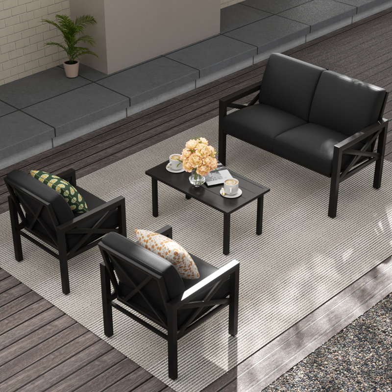 Myrtlene 4-Person Outdoor Seating Group with Cushions, Dark Gray Cushion/Black Frame