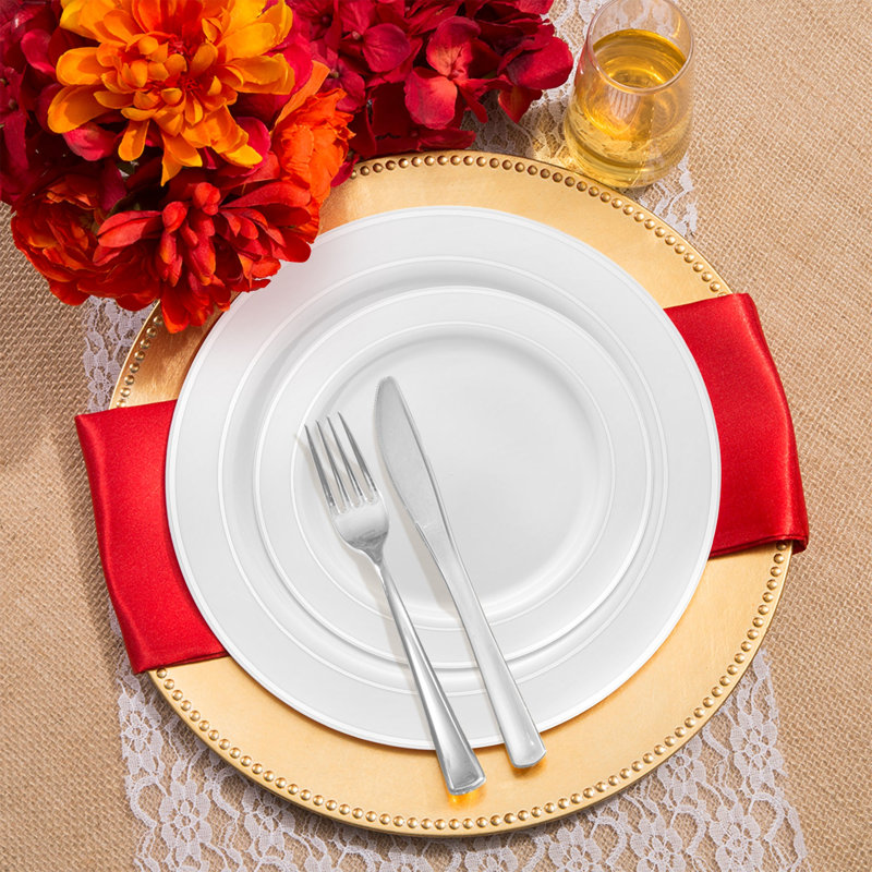 Ensemble de 60 pièces en plastique blanc avec bordure argentée pour mariage