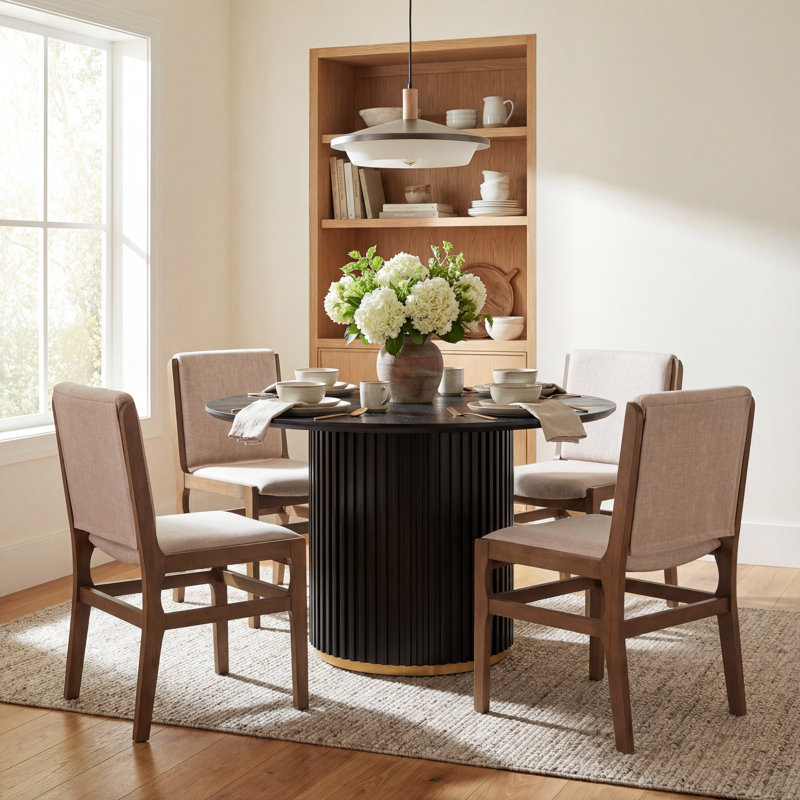 Alagie Mid-Century Modern 5-Piece Dining Table Set With Upholstered Chairs & Pedestal Base, Black, Walnut